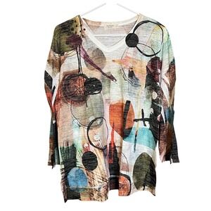 Jess & Jane Large Abstract Art Top‎ V-Neck 3/4 Sleeve Made in USA Large